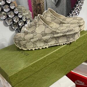 Gucci Beige Monogram Canvas Mules